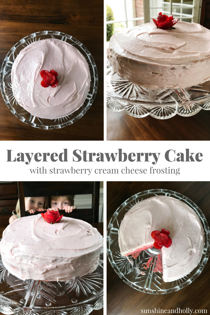 Layered Strawberry Cake with Strawberry Cream Cheese Frosting | sunshineandholly.com | fresh | easy